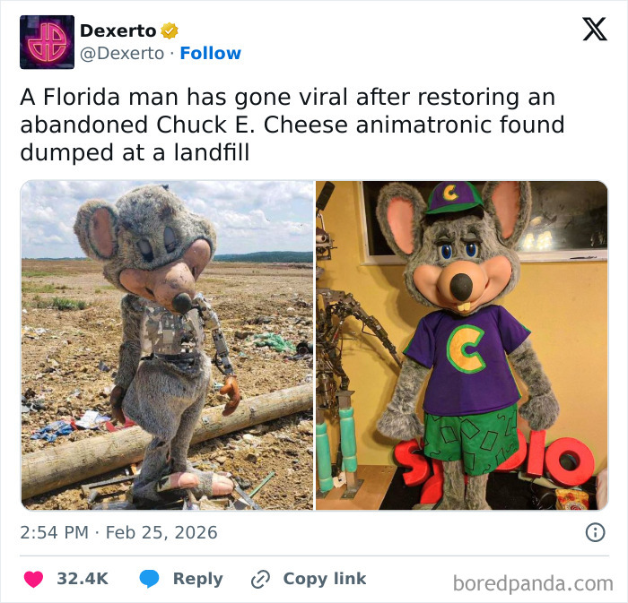 Before and after photos of a restored animatronic showing gut-wrenching transformation and warning signs.