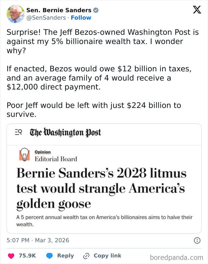 Bernie Sanders tweet about billionaire wealth tax. People are exhausted and ready to retire due to wealth inequality.