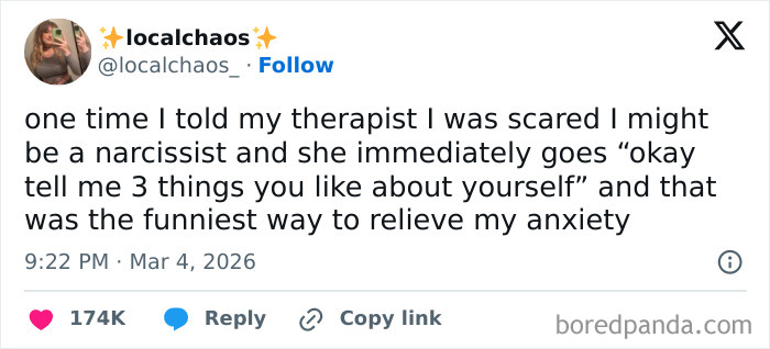 Screenshot of a relatable social media post sharing a strangely specific, humorous anxiety relief moment with a therapist.