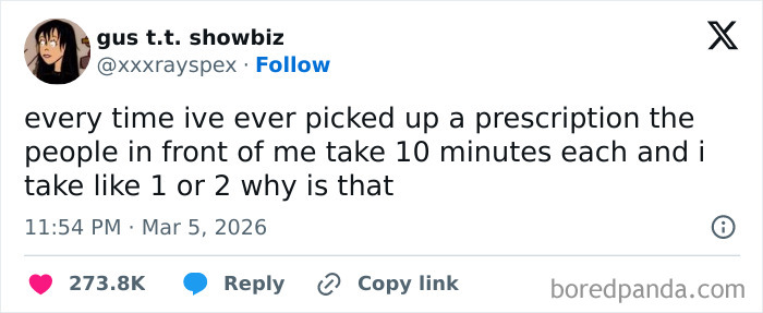Tweet about oddly specific yet relatable pharmacy experiences, highlighting the humor in everyday waiting times.