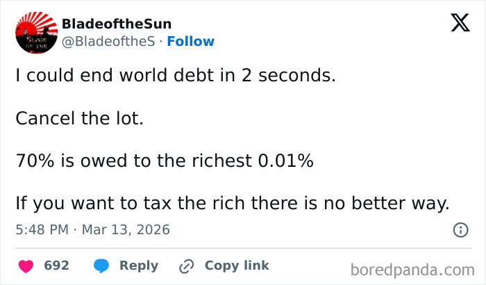 Tweet discussing world debt and wealth inequality, highlighting life in America and economic issues faced by many.