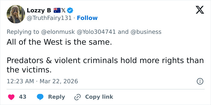 Tweet by Lozzy B criticizing West, mentioning predators and rights, related to OpenAI CEO Sam Altman lawsuit keywords.