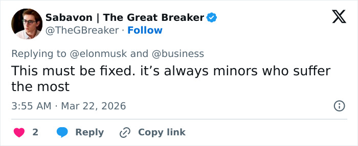 Tweet from Sabavon responding to Elon Musk and business, mentioning minors suffering the most in a serious context.