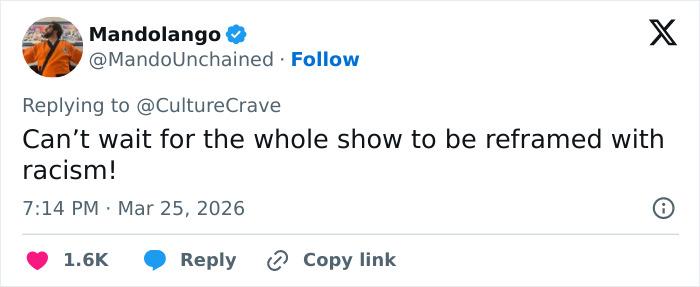 Tweet by Mandolango reacting to HBO Harry Potter reboot casting with a comment about reframing the show with racism.