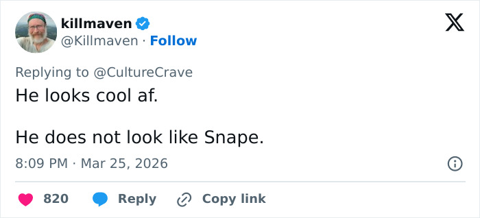Tweet from user @Killmaven commenting on HBO Harry Potter reboot casting, stating the actor does not look like Snape.