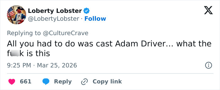 Tweet from user Loberty Lobster criticizing the HBO Harry Potter reboot casting, referencing Adam Driver and controversy.
