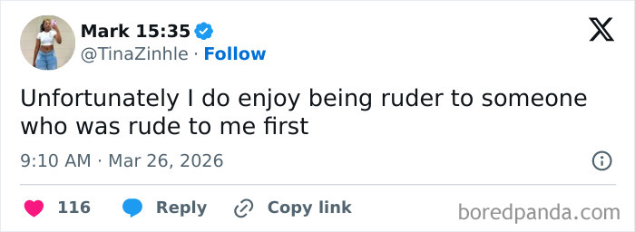 Tweet about enjoying being rude in response, displayed over a colorful bubble background from relatable memes about humor and life.