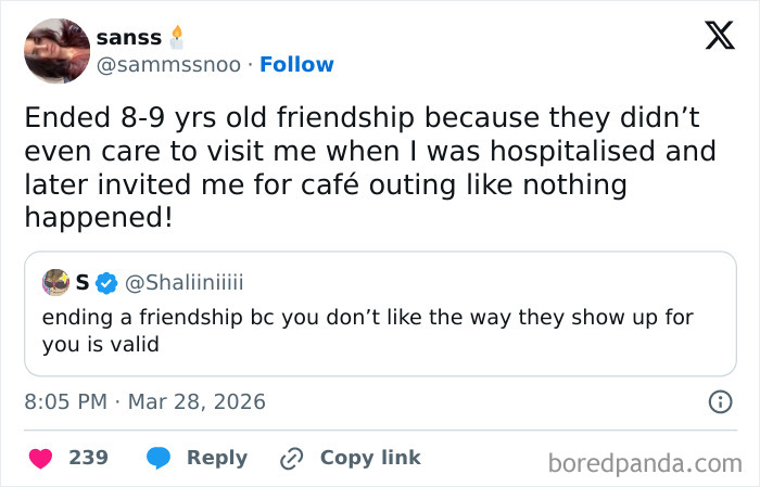 Screenshot of a tweet about ending a long friendship, showcasing the true colors of friends revealed online.