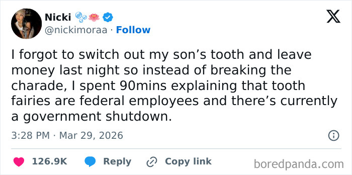 Tweet about a strangely specific and relatable explanation of why the tooth fairy didn’t leave money due to a government shutdown.