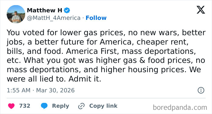 Tweet discussing rising gas, food, and housing prices as part of dystopian conditions in the United States.