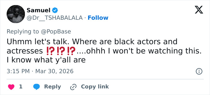 Um tweet de Samuel @Dr_TSHABALALA expressando decepção com o elenco de The White Lotus, questionando a ausência de atores negros.