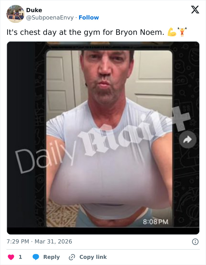 Man wearing tight white shirt posing for a selfie, related to Bryan Noem scandal mocked by SNL online.