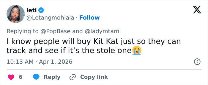 Tweet about KitKat theft, with user saying people will buy KitKat to track stolen bars using the stolen KitKat tracker.