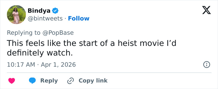 Tweet from Bindya responding to PopBase about a heist movie, referencing stolen KitKat and KitKat tracker public help.