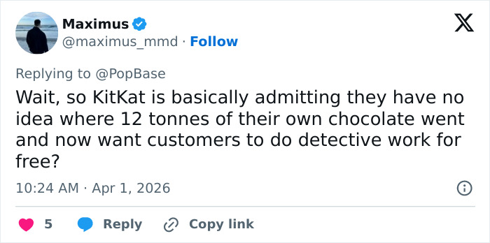 Tweet about KitKat asking public help with stolen KitKat tracker after 12 tons of KitKat were stolen, seeking customer involvement.