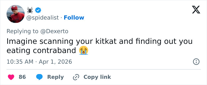Tweet showing a user joking about scanning stolen KitKat chocolate as contraband with a crying emoji.