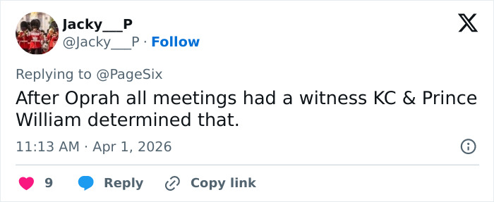 Screenshot of a tweet discussing Harry and Meghan Markle’s turbulent dynamic after meetings with Oprah and Prince William.