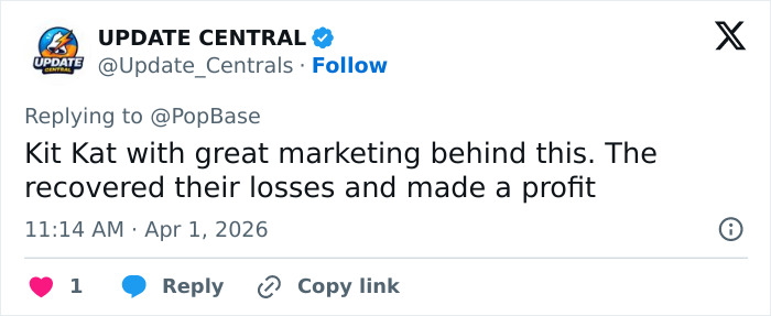 Screenshot of a tweet discussing KitKat marketing after 12 tons stolen and the new stolen KitKat tracker campaign.