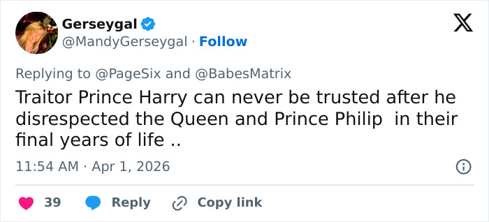Screenshot of a tweet discussing Prince Harry and Meghan Markle’s turbulent dynamic involving trust and respect toward the royal family.