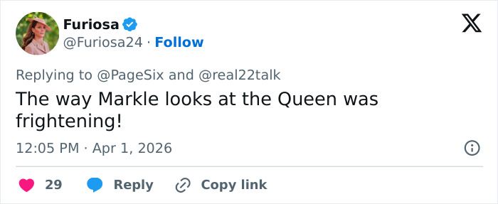Tweet discussing Meghan Markle’s turbulent dynamic with the Queen, highlighting tension in their relationship.