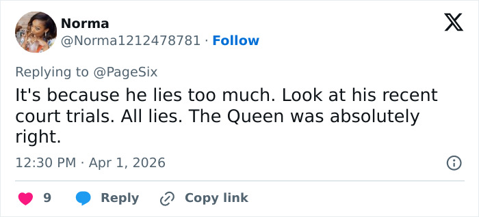 Screenshot of a social media comment discussing court trials and mentioning the Queen in the context of Harry and Meghan Markle.