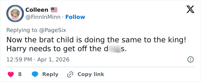 Screenshot of a social media reply criticizing Harry, highlighting the turbulent dynamic involving Harry and Meghan Markle.