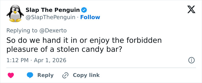 Tweet from user Slap The Penguin questioning whether to return or enjoy stolen KitKat candy bars amid a stolen KitKat tracker launch.