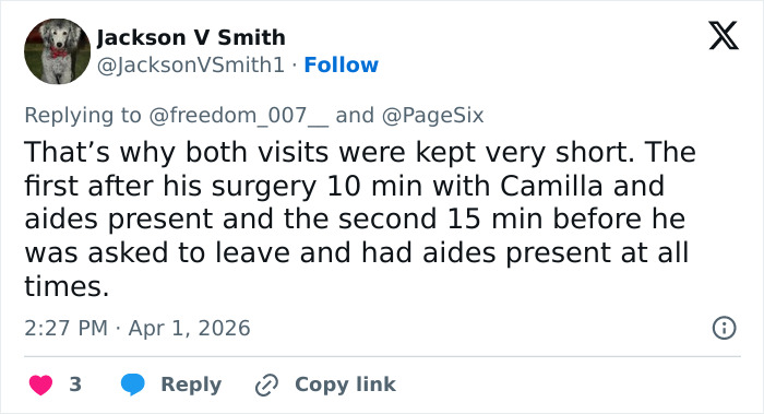 Screenshot of a tweet discussing Harry and Meghan Markle’s turbulent dynamic and their brief visits after surgery.