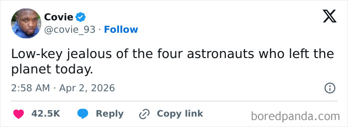 Screenshot of a tweet expressing low-key jealousy of astronauts, illustrating dystopian social commentary in the United States.