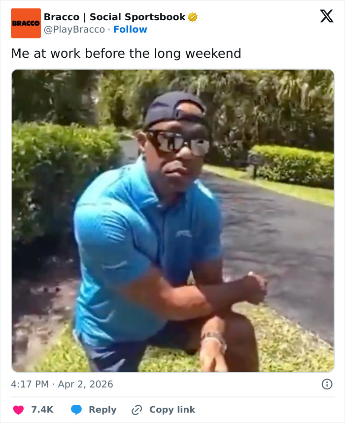 Man in blue polo and sunglasses sitting outside, a viral reaction to Tiger Woods arrest footage on social media.