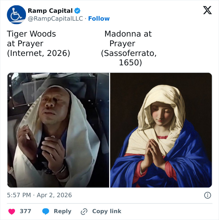 Side-by-side image comparing Tiger Woods in prayer during arrest footage and Madonna at Prayer painting by Sassoferrato.
