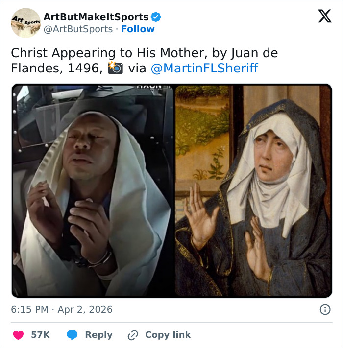 Photo collage showing Tiger Woods in handcuffs with a white cloth and a religious painting of a woman in a similar pose.