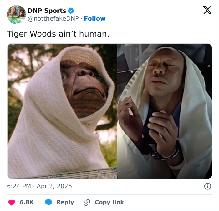 Side-by-side images comparing Tiger Woods during arrest to a famous movie alien, sparking hilarious responses online.