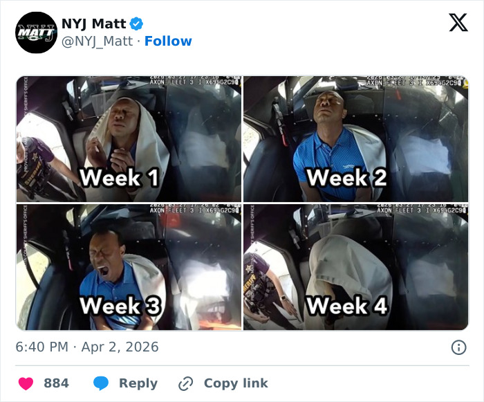 Footage of Tiger Woods arrest showing four different weekly reactions inside a police car captured from bodycam video.