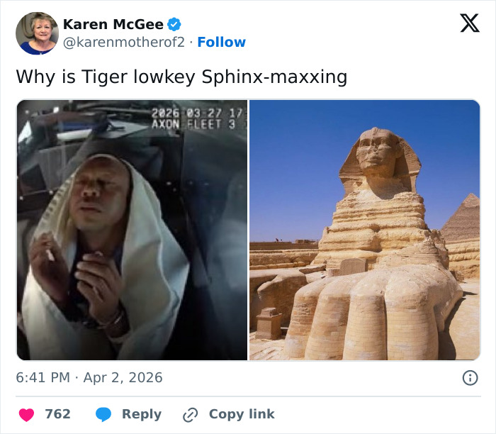 Tiger Woods in police footage wearing a hood next to an image of the Sphinx with humorous social media caption.