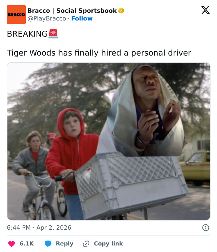 Three kids on bikes with a laughing man edited into a bike basket, humorous footage of Tiger Woods arrest response.