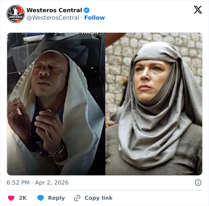 Side-by-side images showing a man in handcuffs and a woman wearing a medieval headscarf, related to Tiger Woods arrest footage reactions.