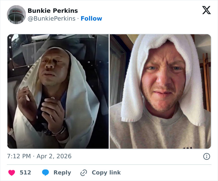 Side-by-side images showing a man imitating Tiger Woods arrest footage with a white cloth over his head.