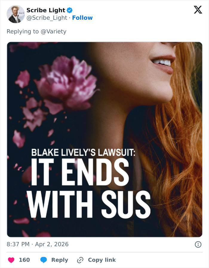 Close de uma mulher ruiva com texto sobre a violenta batalha legal de Blake Lively e o processo que termina com o SUS.