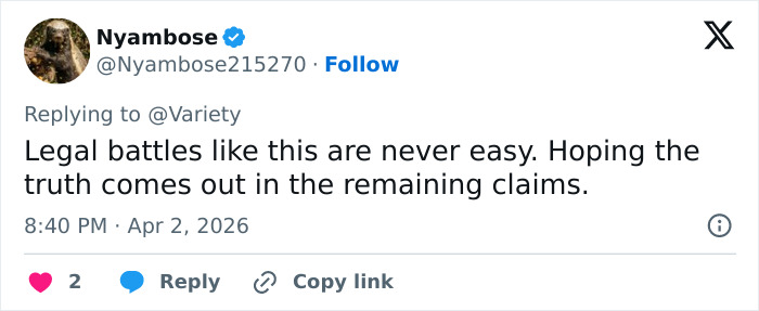 Tweet discutindo a selvagem batalha legal de Blake Lively com Justin Baldoni e esperanças pela verdade nas reivindicações restantes.