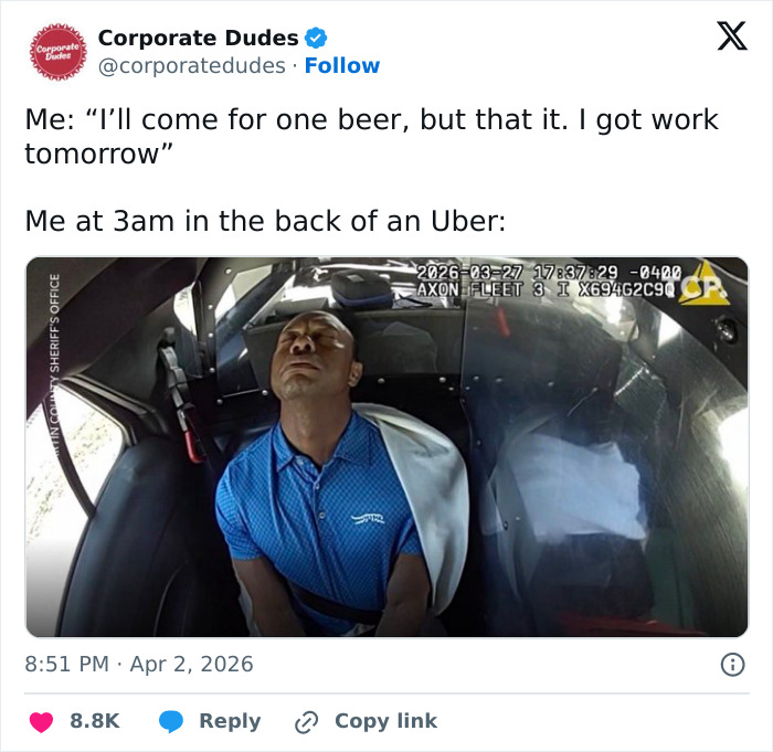 Man in blue polo shirt asleep in back of a car, related to footage of Tiger Woods arrest and viral online responses.