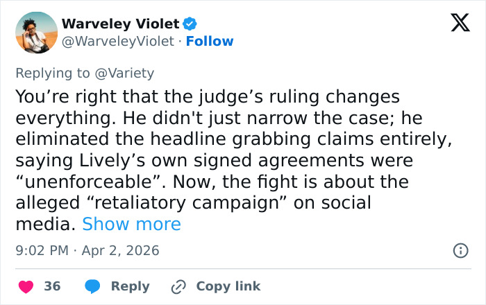 Tweet discutindo a violenta batalha legal de Blake Lively com Justin Baldoni e o recente impacto da decisão do juiz.