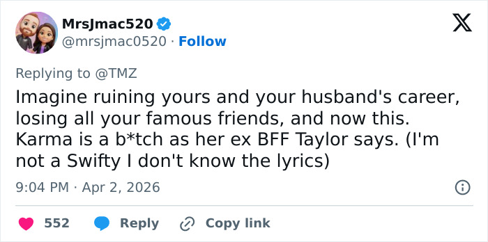 Tweet screenshot showing user MrsJmac520 reacting to Blake Lively's lawsuit against Justin Baldoni amid dismissal news.
