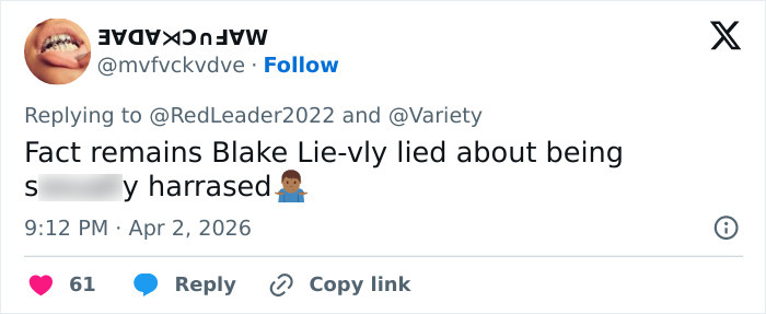 Tweet criticando Blake Lively em meio a sua violenta batalha legal com Justin Baldoni, mostrando a reação da mídia social.