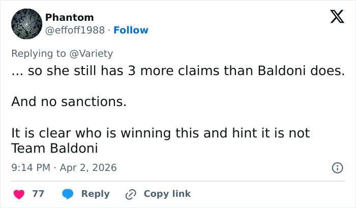 Tweet discutindo a violenta batalha legal de Blake Lively e Justin Baldoni e a recente atualização da decisão do juiz.