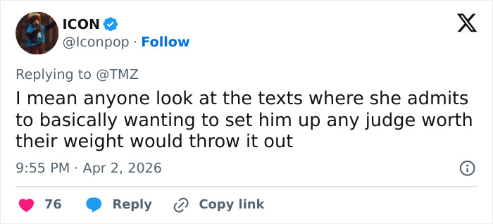 Screenshot of a Twitter reply discussing Blake Lively's lawsuit against Justin Baldoni and its dismissal reaction.