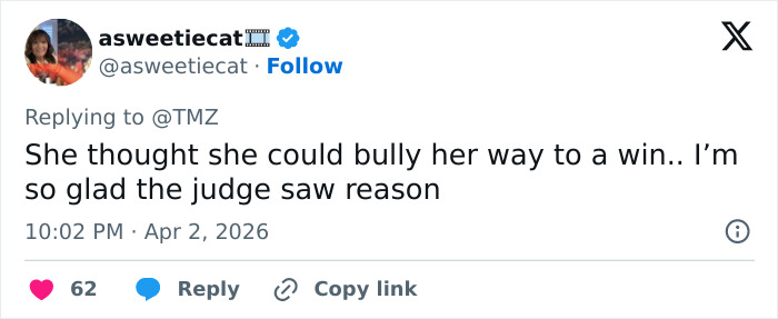 Tweet from user asweetiecat reacting to Blake Lively lawsuit dismissal against Justin Baldoni with support for judge’s decision.
