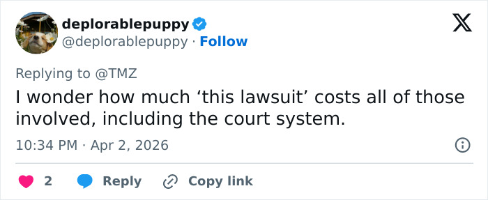 Tweet from user deplorablepuppy reacting to Blake Lively lawsuit against Justin Baldoni with comment on court costs.