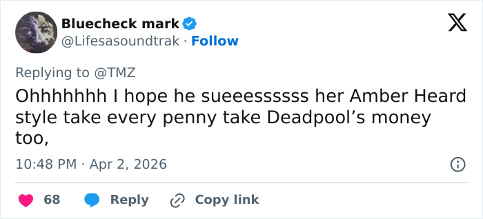Screenshot of a Twitter reply reacting to Blake Lively's lawsuit against Justin Baldoni with a comment about Amber Heard and Deadpool money.
