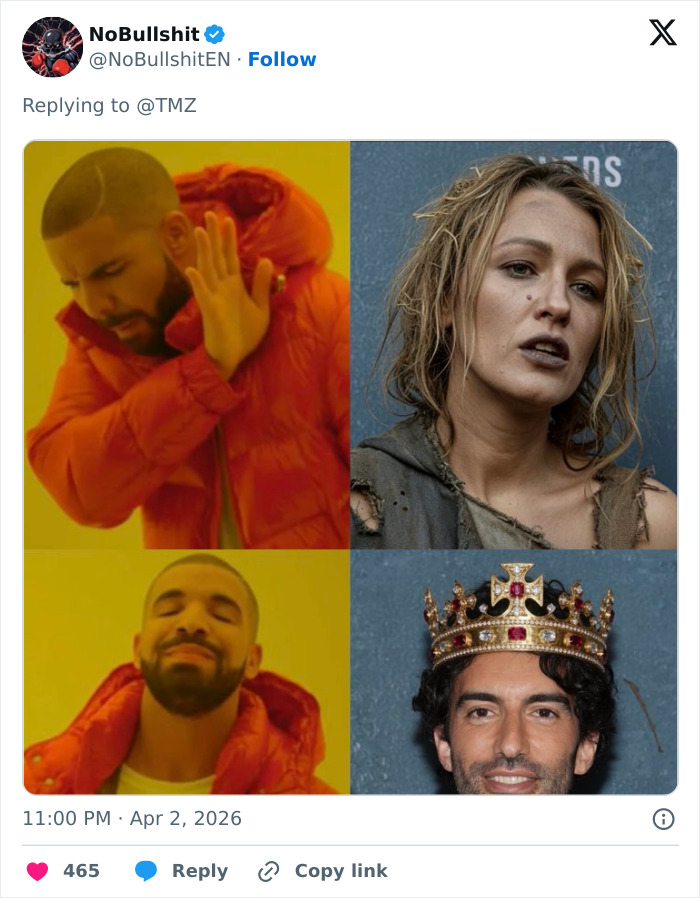 Side-by-side images showing reactions related to Blake Lively's lawsuit and Justin Baldoni’s legal dismissal news.